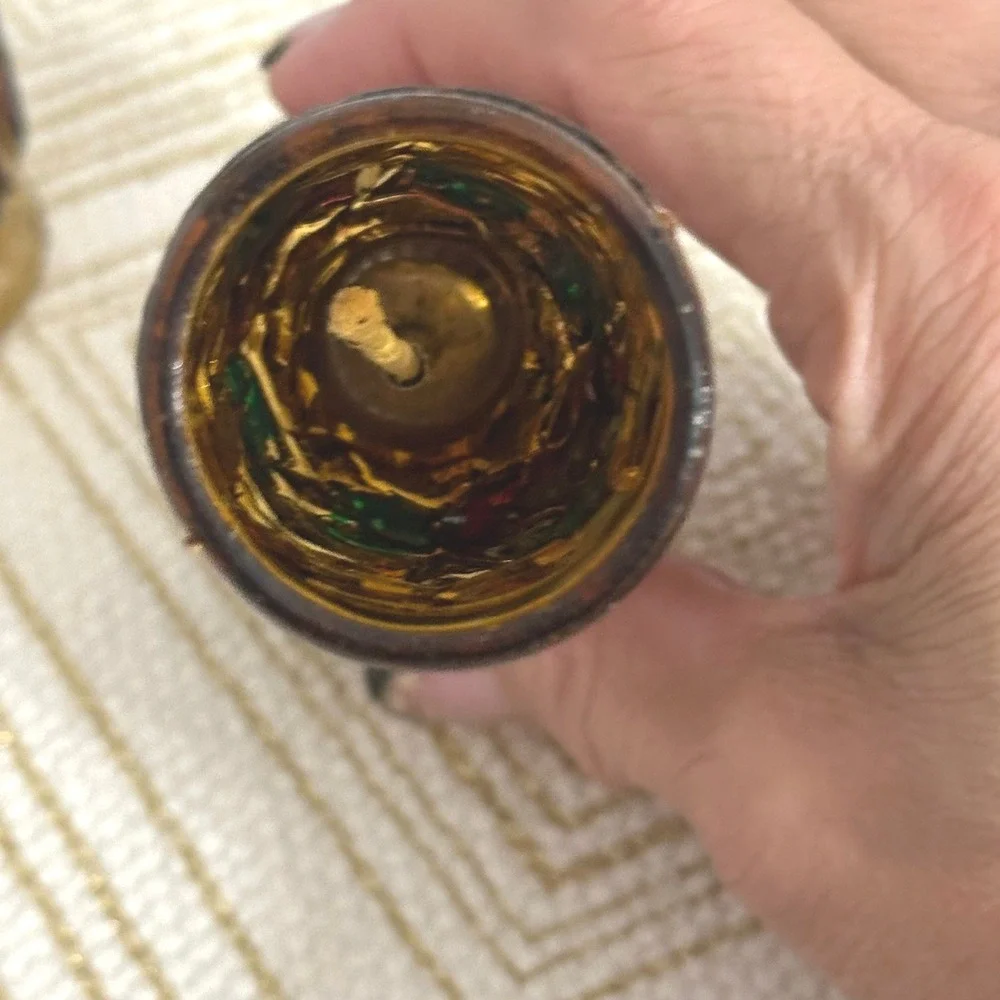 Vintage Amber Glass Enameled Miniature Oil Lamps Set of 2 Decorative Brass Wicks